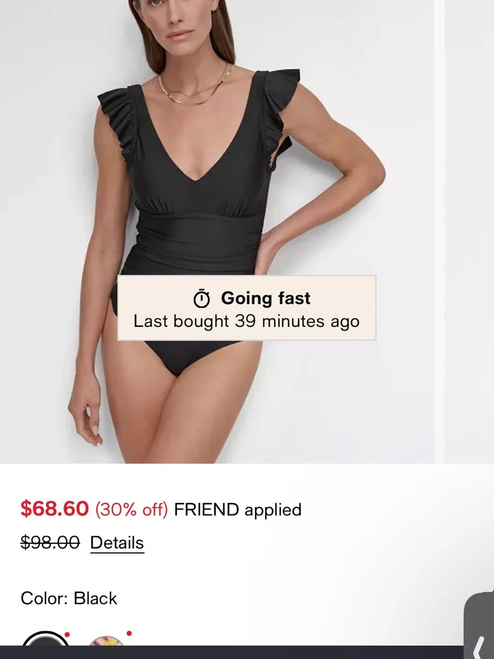 DKNY Black plunge Ruffle-Shoulder Scoop-Back One-Piece Swimsuit NWT - Picture 10 of 10